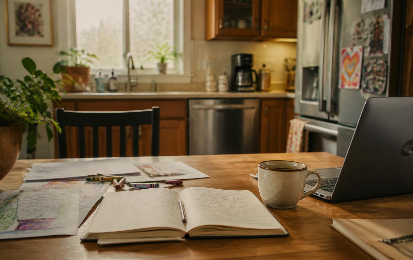 A quiet family kitchen table with a notebook, coffee, children's drawings and a laptop in soft morning light