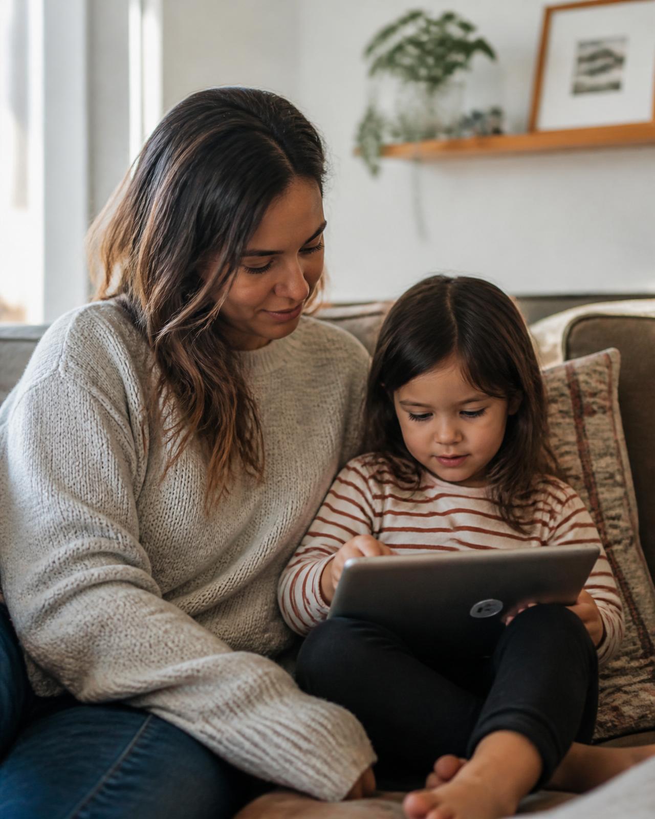 A parent sitting quietly beside their child, sharing a tablet in soft daylight at home
