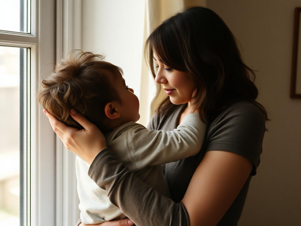 A quiet, tender moment between a parent and child by a sunlit window