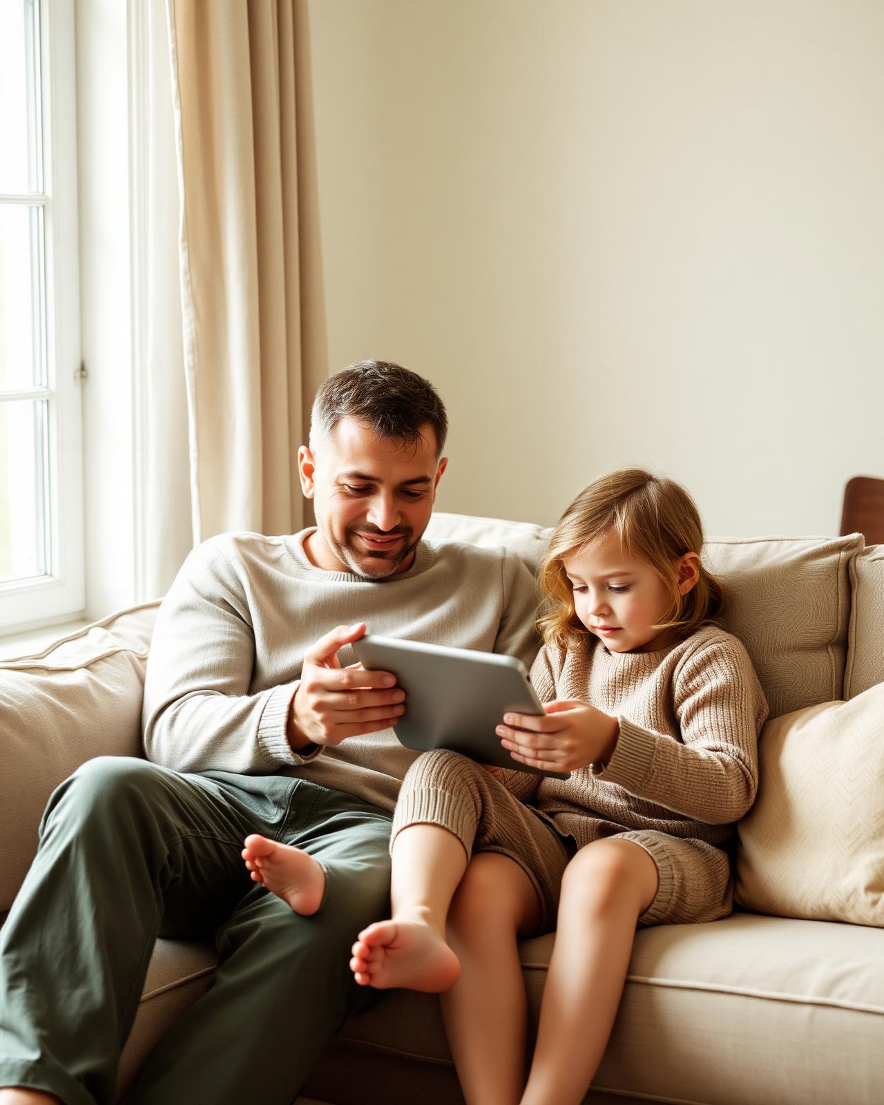 A parent and child using a tablet together at home in soft daylight